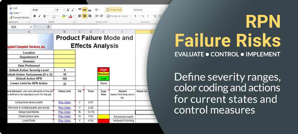 PFMEA, Process Failure Mode and Effects Analysis, Anticipate and Prevent Issues, RPN calculations, user defined severity ranges, customized PFMEA, output in Excel, automated revision control, DFMEA, Design Failure Mode and Effects Analysis