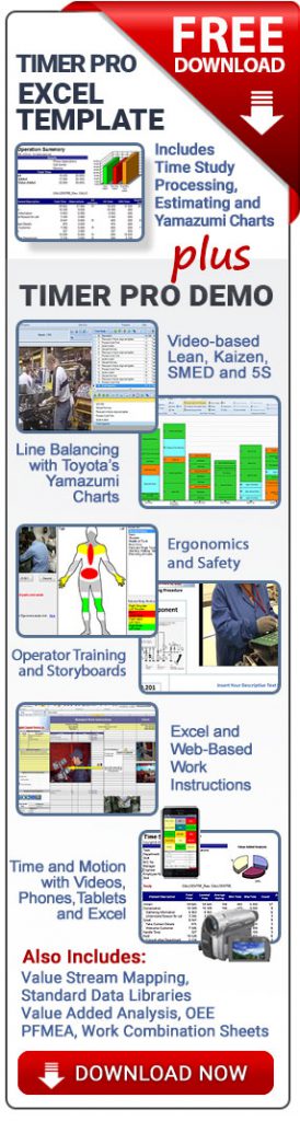 Free Timer Pro Excel Template, Free Timer Pro Demo, Timer Pro Template, Timer Pro Demo, Time Study, Estimating, Video Time and Motion, Lean, Lean Manufactruing, Laizen, SMED, 5S, Line Balancing, Yamazumi, Standard Work, Work Instructions, Operator Training, Storyboards, Ergonomics, Standard Data Libraries, PFMEA, DFMEA, Value Stream Mapping, VSM, Industry 4.0, Work Combination Sheets, IOS Time and Motion Study, Android Time and Motion Study