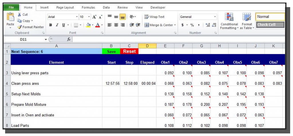 Time Study Template values